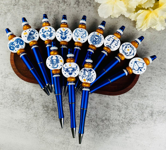 Blue Zodiac Custom Beaded Pen, Astrology Ballpoint Pen, Custom Silicone Beaded Pen, Horoscope Beaded Pen