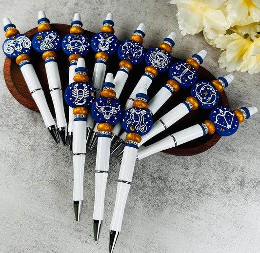 White Zodiac Custom Beaded Pen, Astrology Ballpoint Pen, Custom Silicone Beaded Pen, Horoscope Beaded Pen