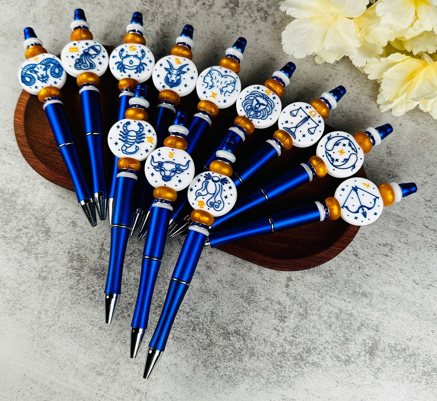 Blue Zodiac Custom Beaded Pen, Astrology Ballpoint Pen, Custom Silicone Beaded Pen, Horoscope Beaded Pen