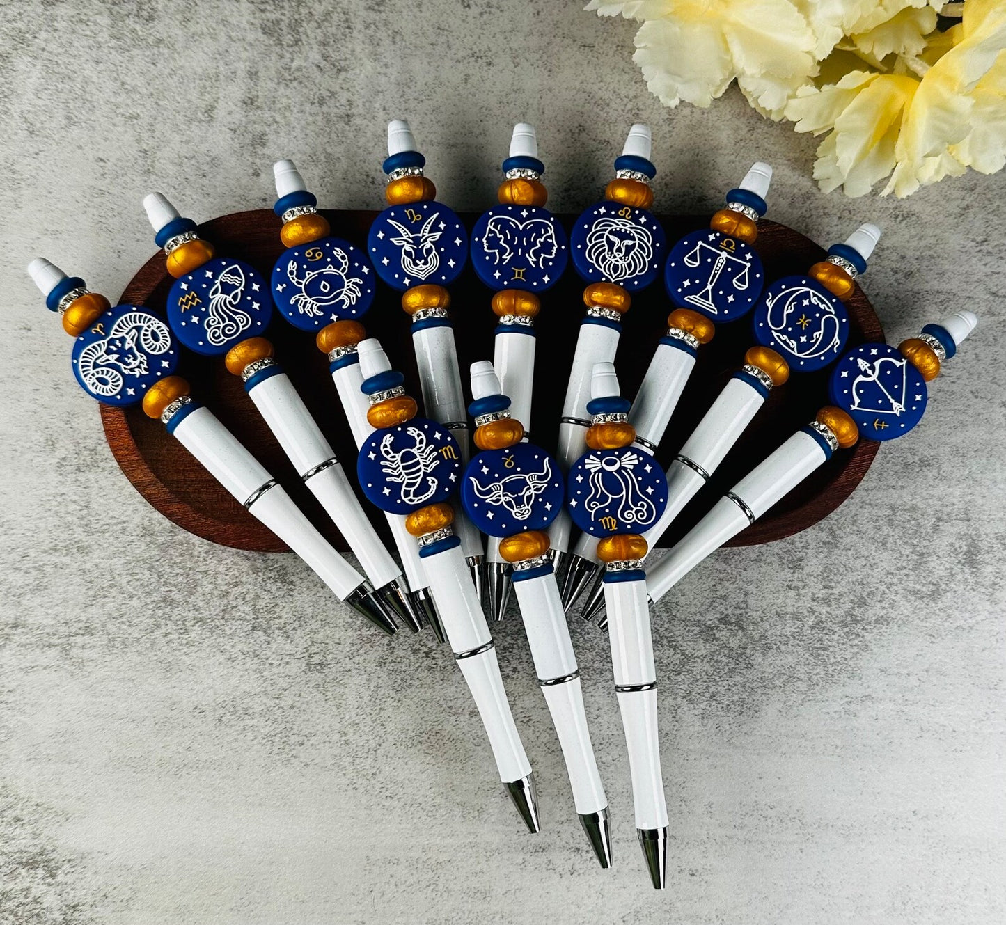 White Zodiac Custom Beaded Pen, Astrology Ballpoint Pen, Custom Silicone Beaded Pen, Horoscope Beaded Pen